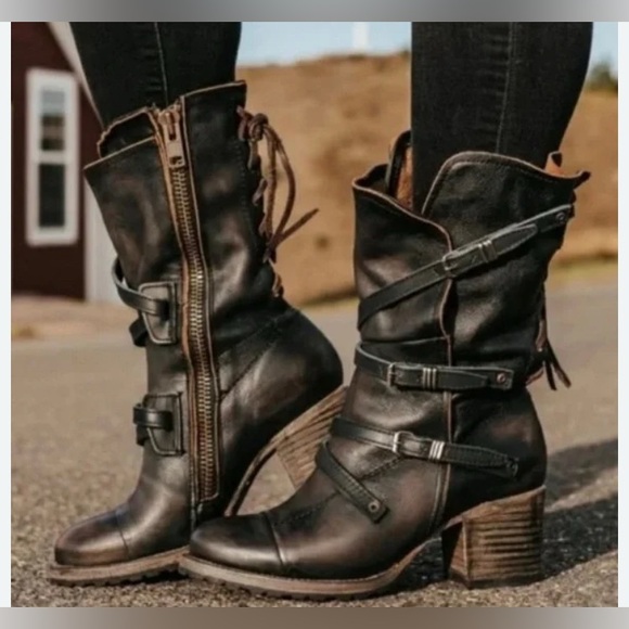 Freebird by Steven Cora distressed buckled heeled boots brown black color size 7 - Picture 1 of 13